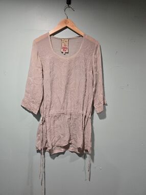 Johnny Was Cupro Embroidered Boho Cinch Waost Tunic Gray Tan Size XS Staining